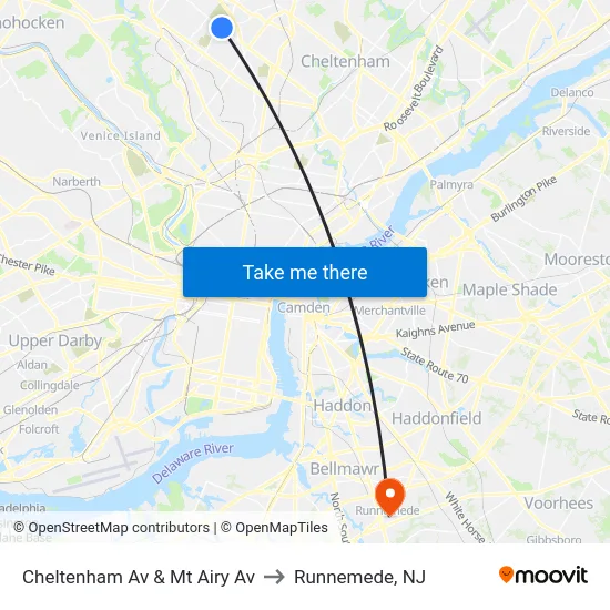 Cheltenham Av & Mt Airy Av to Runnemede, NJ map