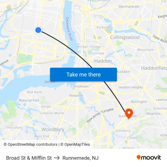 Broad St & Mifflin St to Runnemede, NJ map