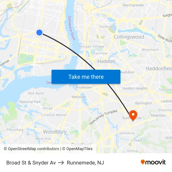 Broad St & Snyder Av to Runnemede, NJ map