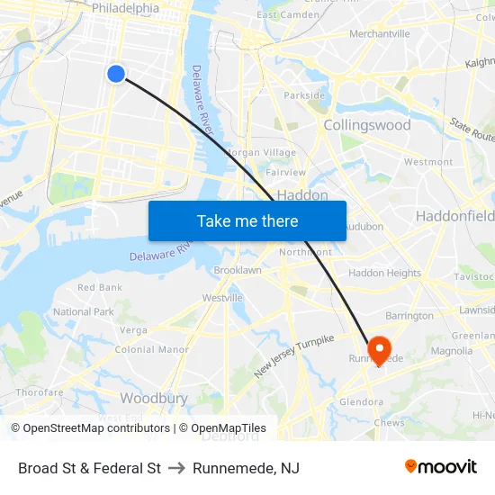 Broad St & Federal St to Runnemede, NJ map
