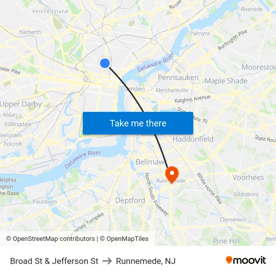Broad St & Jefferson St to Runnemede, NJ map