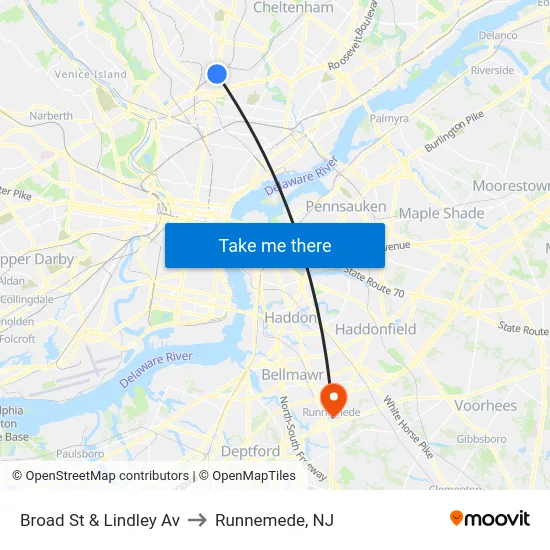 Broad St & Lindley Av to Runnemede, NJ map