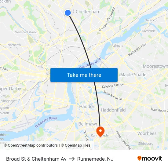 Broad St & Cheltenham Av to Runnemede, NJ map