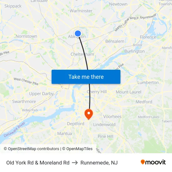 Old York Rd & Moreland Rd to Runnemede, NJ map