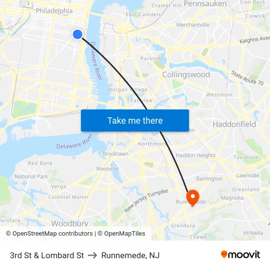 3rd St & Lombard St to Runnemede, NJ map