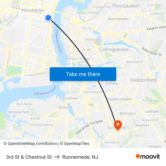 3rd St & Chestnut St to Runnemede, NJ map