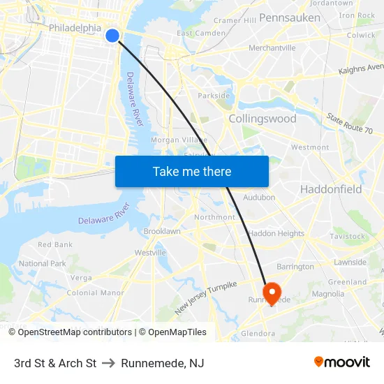 3rd St & Arch St to Runnemede, NJ map