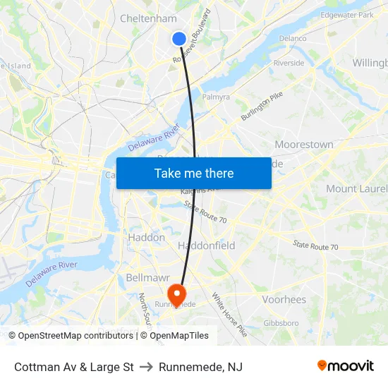 Cottman Av & Large St to Runnemede, NJ map