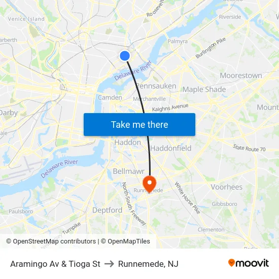 Aramingo Av & Tioga St to Runnemede, NJ map