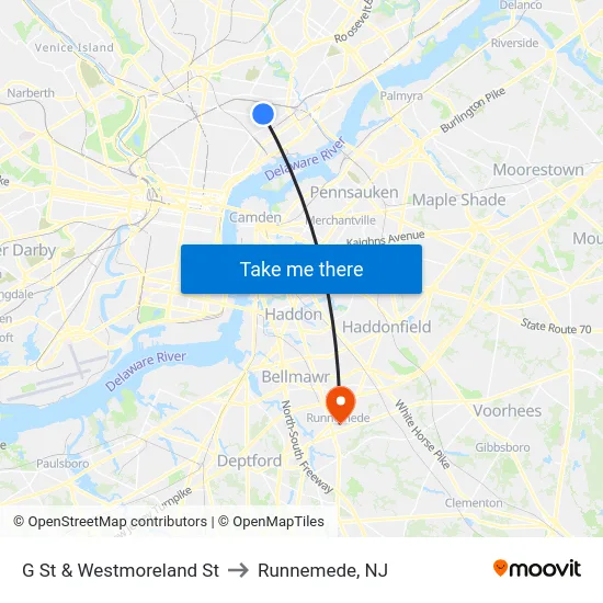 G St & Westmoreland St to Runnemede, NJ map