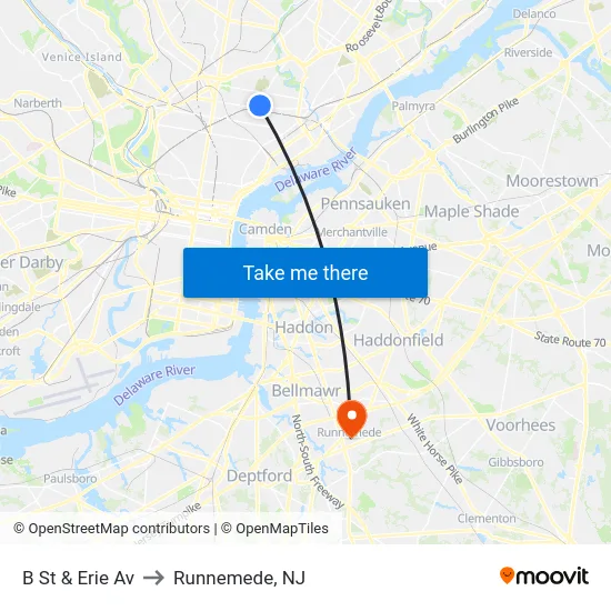 B St & Erie Av to Runnemede, NJ map