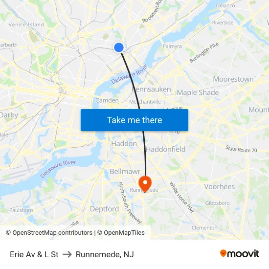 Erie Av & L St to Runnemede, NJ map