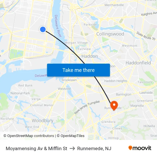 Moyamensing Av & Mifflin St to Runnemede, NJ map