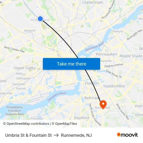 Umbria St & Fountain St to Runnemede, NJ map
