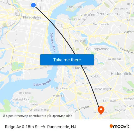 Ridge Av & 15th St to Runnemede, NJ map