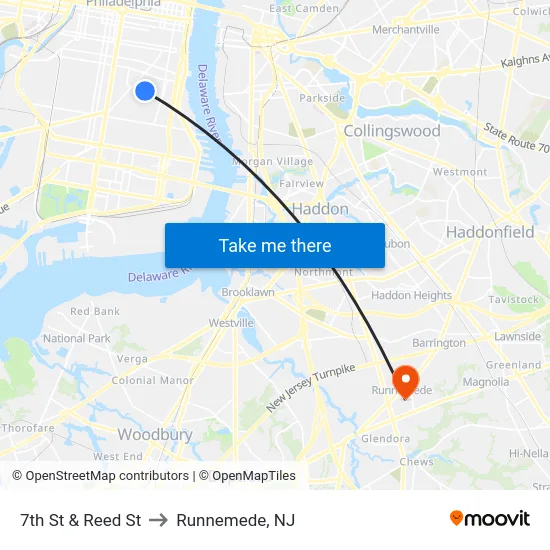 7th St & Reed St to Runnemede, NJ map