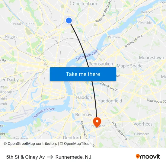 5th St & Olney Av to Runnemede, NJ map