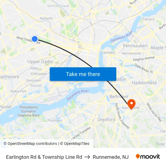 Earlington Rd & Township Line Rd to Runnemede, NJ map