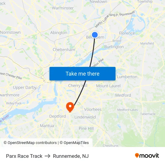 Parx Race Track to Runnemede, NJ map