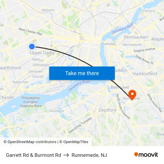Garrett Rd & Burmont Rd to Runnemede, NJ map