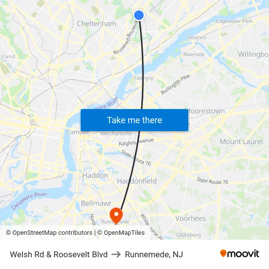 Welsh Rd & Roosevelt Blvd to Runnemede, NJ map