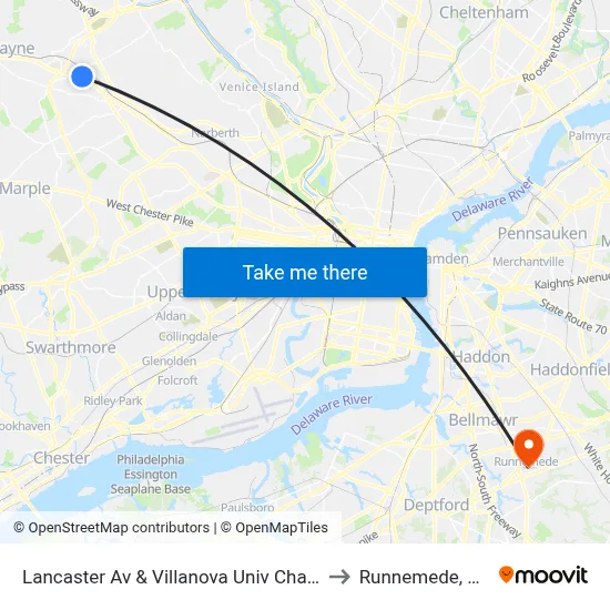 Lancaster Av & Villanova Univ Chapl to Runnemede, NJ map