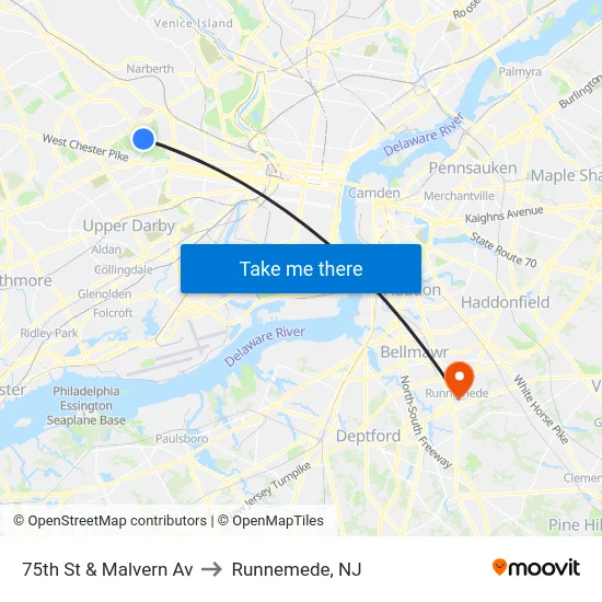 75th St & Malvern Av to Runnemede, NJ map