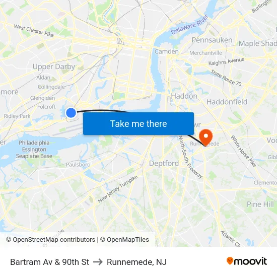 Bartram Av & 90th St to Runnemede, NJ map