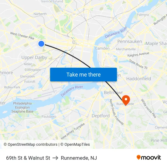 69th St & Walnut St to Runnemede, NJ map