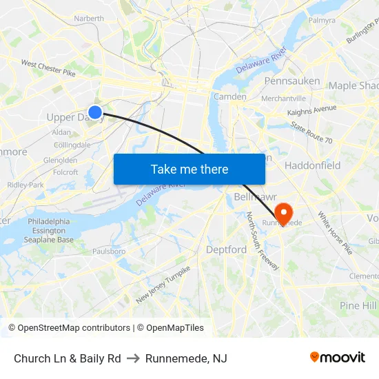 Church Ln & Baily Rd to Runnemede, NJ map
