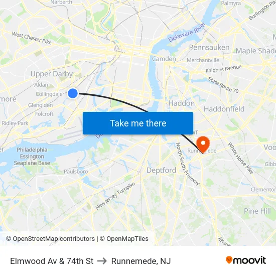 Elmwood Av & 74th St to Runnemede, NJ map