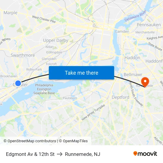 Edgmont Av & 12th St to Runnemede, NJ map
