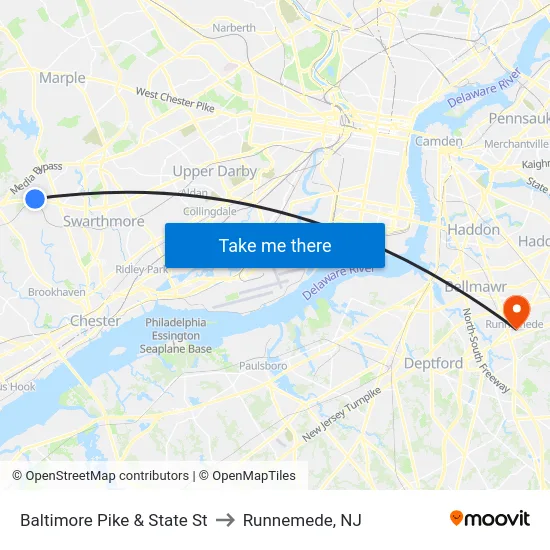 Baltimore Pike & State St to Runnemede, NJ map
