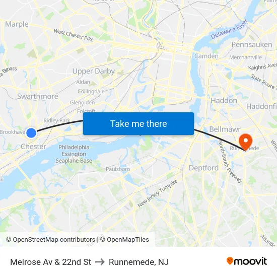 Melrose Av & 22nd St to Runnemede, NJ map