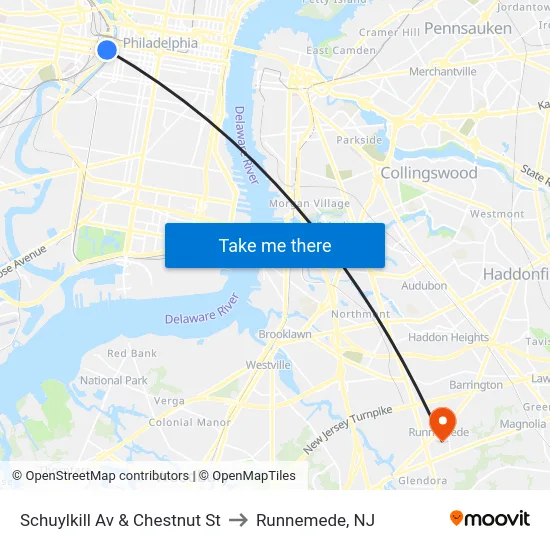 Schuylkill Av & Chestnut St to Runnemede, NJ map