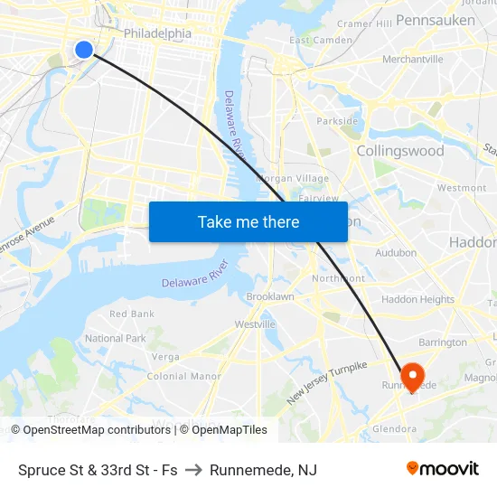 Spruce St & 33rd St - Fs to Runnemede, NJ map