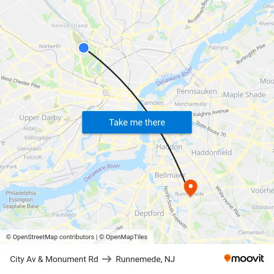 City Av & Monument Rd to Runnemede, NJ map