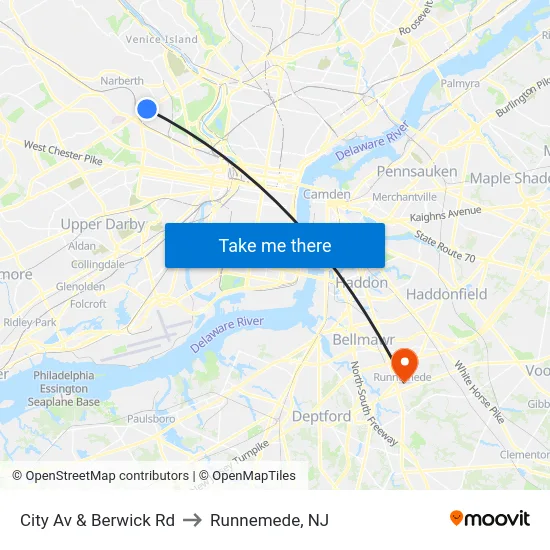 City Av & Berwick Rd to Runnemede, NJ map