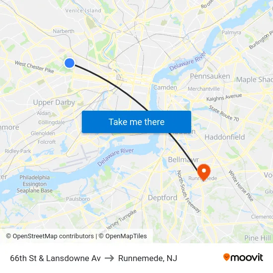 66th St & Lansdowne Av to Runnemede, NJ map