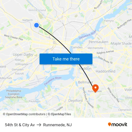 54th St & City Av to Runnemede, NJ map