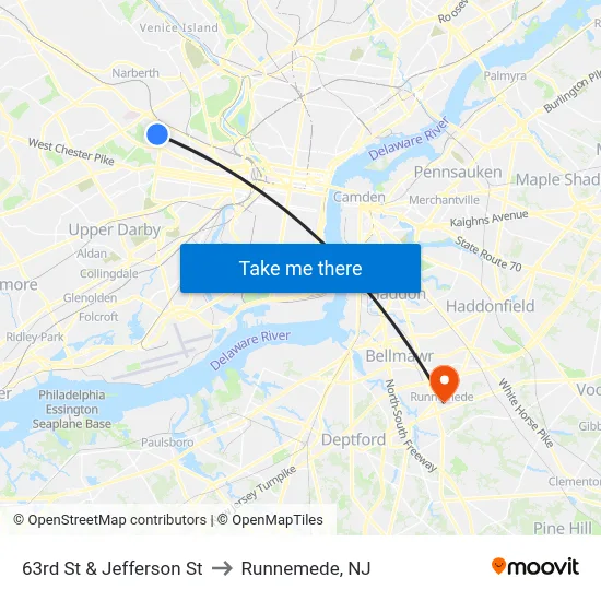 63rd St & Jefferson St to Runnemede, NJ map