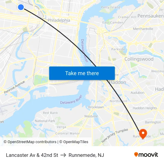 Lancaster Av & 42nd St to Runnemede, NJ map