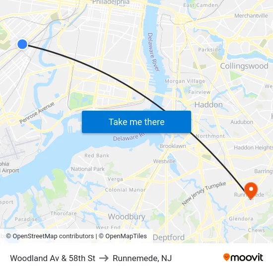 Woodland Av & 58th St to Runnemede, NJ map
