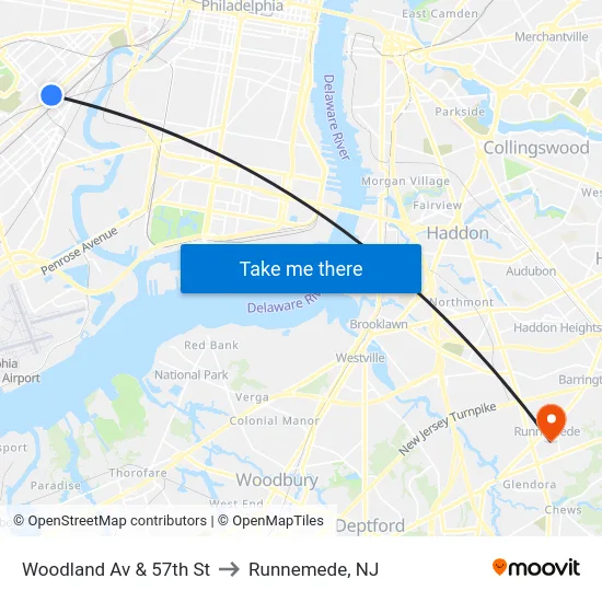 Woodland Av & 57th St to Runnemede, NJ map