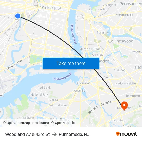 Woodland Av & 43rd St to Runnemede, NJ map