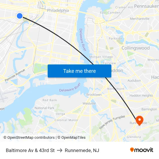 Baltimore Av & 43rd St to Runnemede, NJ map