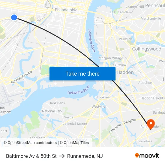 Baltimore Av & 50th St to Runnemede, NJ map