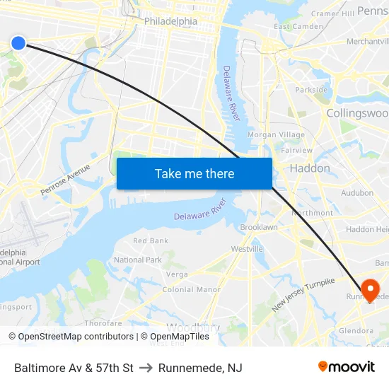Baltimore Av & 57th St to Runnemede, NJ map