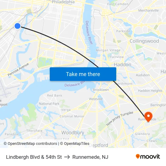 Lindbergh Blvd & 54th St to Runnemede, NJ map