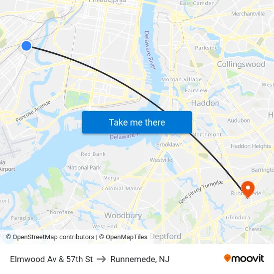 Elmwood Av & 57th St to Runnemede, NJ map